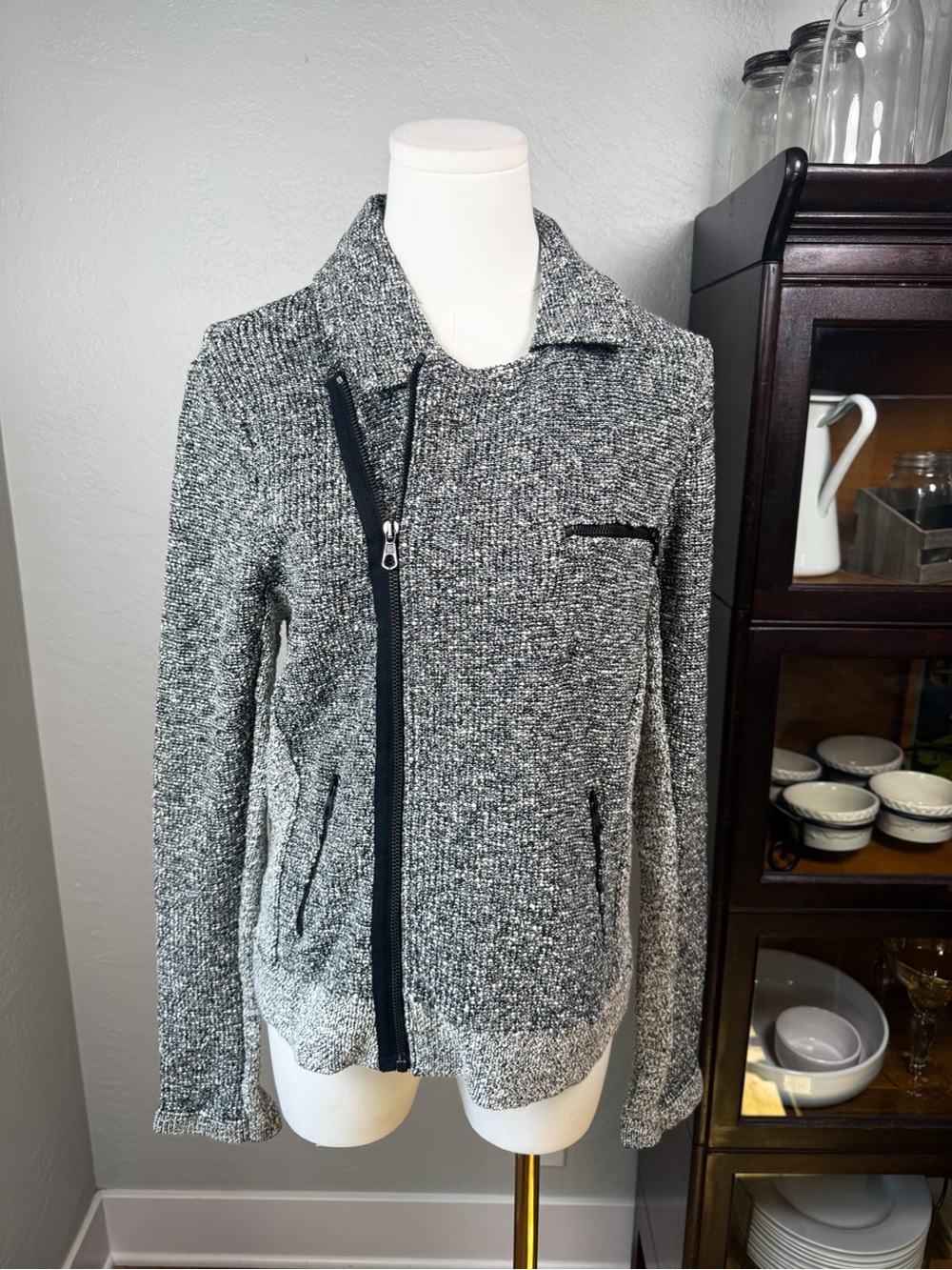 Rag & Bone Moto Jacket Black White Cotton Blend Zip Front Size L